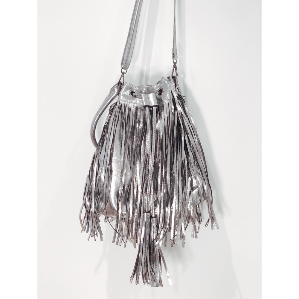 Vegan Silver Fringe Bucket Bag